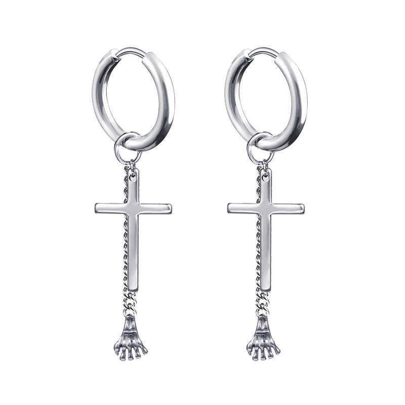 Newest 1 Pair Stainless Steel Cross Pendant Dangle Long Tassel Unisex Hoop Earrings Men/Women Punk Gothic Zircon Best Gifts