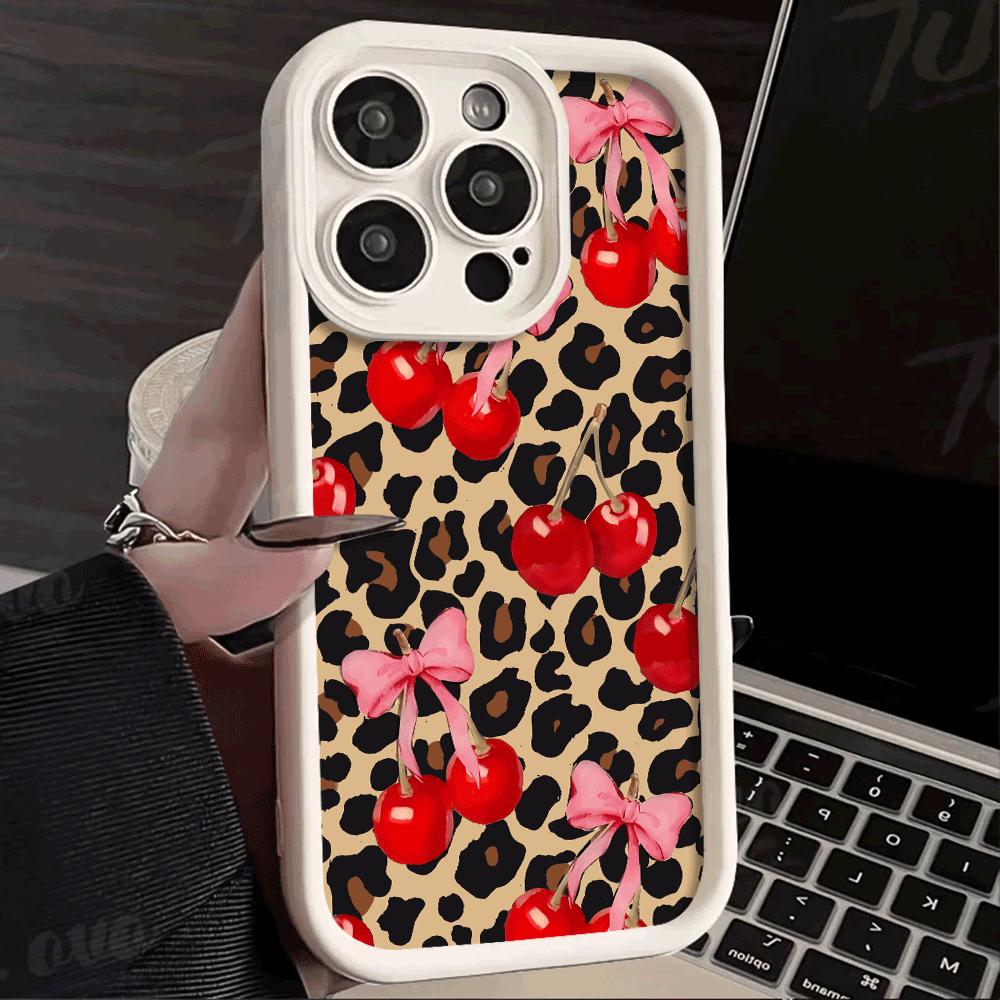Cherries Pink Bows On Leopard Print Shockproof Phone Case for Xiaomi Redmi Note 14 13 12 11 10 9 8 Pro Anti-Slip Soft TPU Cover