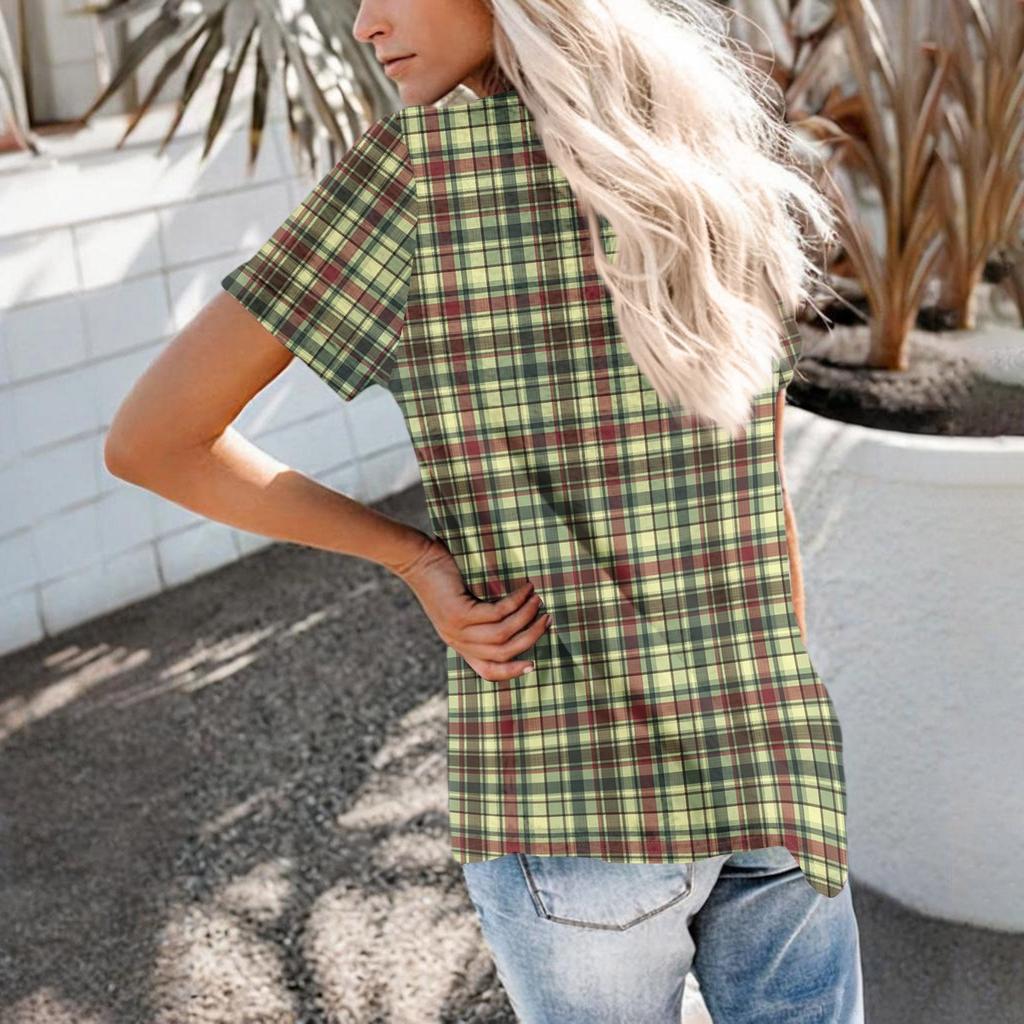 Modisches Lässiges Sommer-Karomuster V-Ausschnitt Knopf Kurzarm-Oberteil für Damen