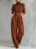 High Neck Long Sleeve & High Waist Wide Leg Pants Women's Two-Piece Set with Belt