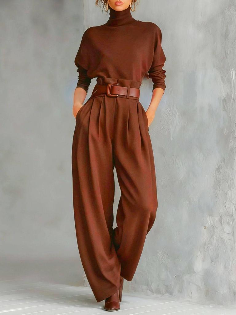 High Neck Long Sleeve & High Waist Wide Leg Pants Women's Two-Piece Set with Belt