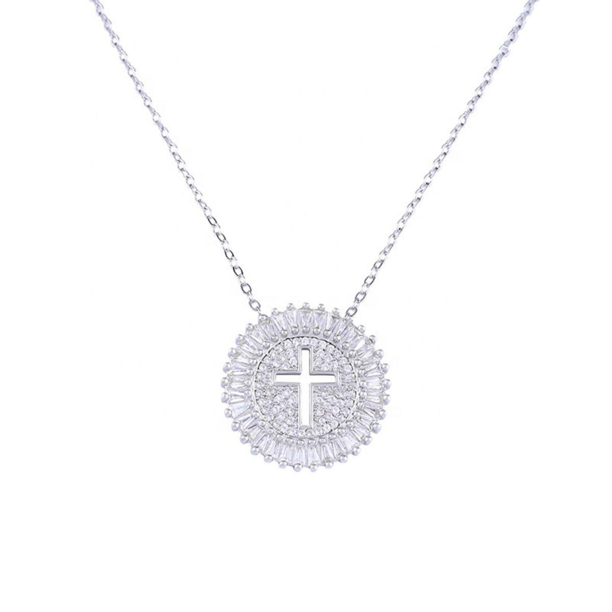 Sparkling Cross Pendant Necklace Elegant Round Stone Halo Design Religious Inspired Jewelry for Women белый