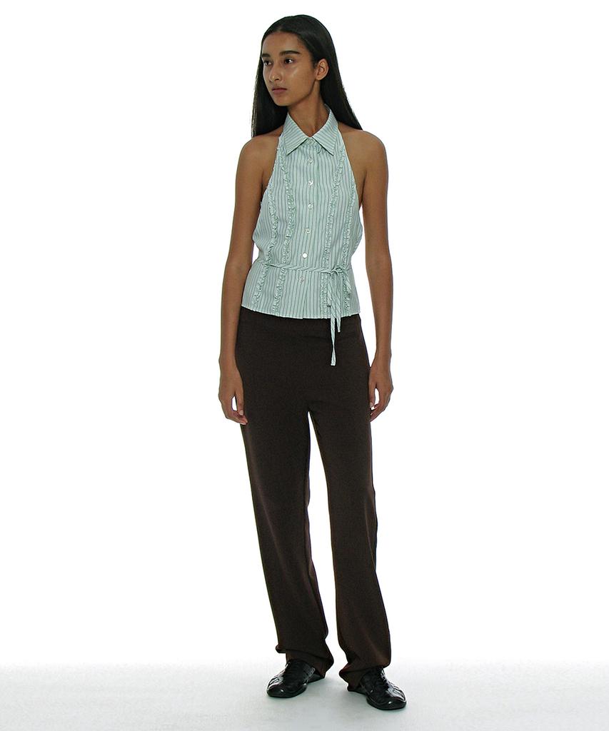 PARTIMENTO WOMEN Frill Trim Halterneck Shirt_Light Green