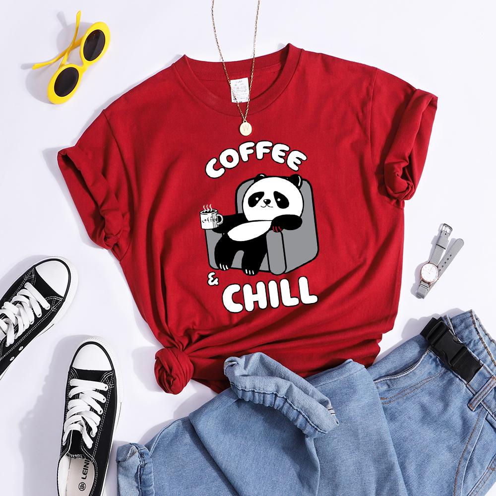 Coffee And Chill Kawaii Panda T Shirts Female Street Creativity T-Shirt Soft Casual Tee Clothes Hip Hop Cool Crop Tops