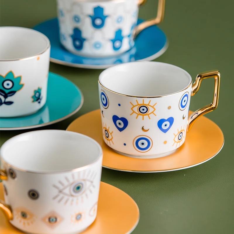 Juego de Taza de Café y Té de Cerámica con Platillo, Moda Europea Azul Ojo Maligno, 250ml, para Té de la Tarde en Casa