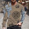 Vintage Herren Langarm T-Shirt Mode Kreuzmuster Langarm 3D Kleidung Seekarte Print Street Harajuku Übergroß