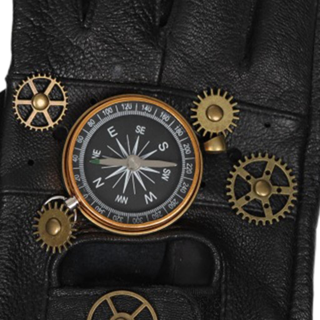 Steampunk Half Finger Leather Gloves with Gear Decor and Compass Design Retro Mechanical Style for Cosplay Riding
