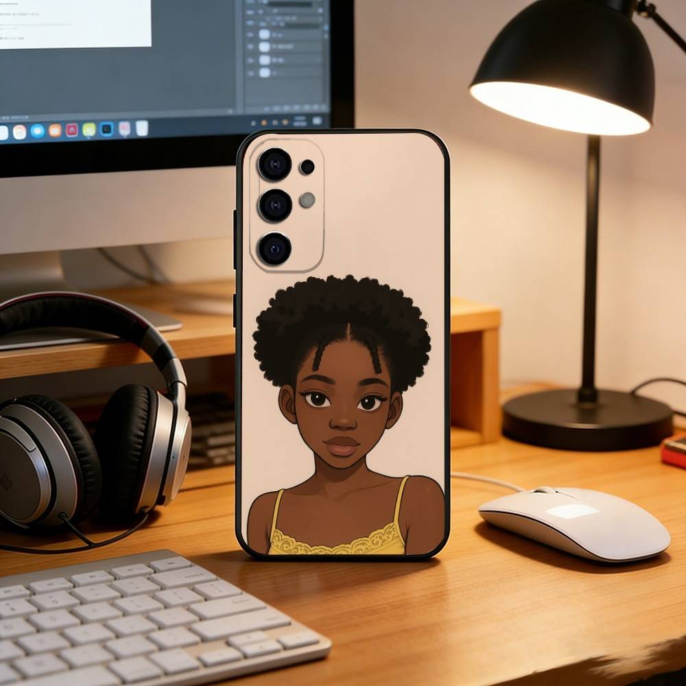 Cartoon African Black Girl Phone Case For Samsung S25,S24,S21,S22,S23,S30,Ultra,S20,Plus,Fe,Soft Silicone Black Cover