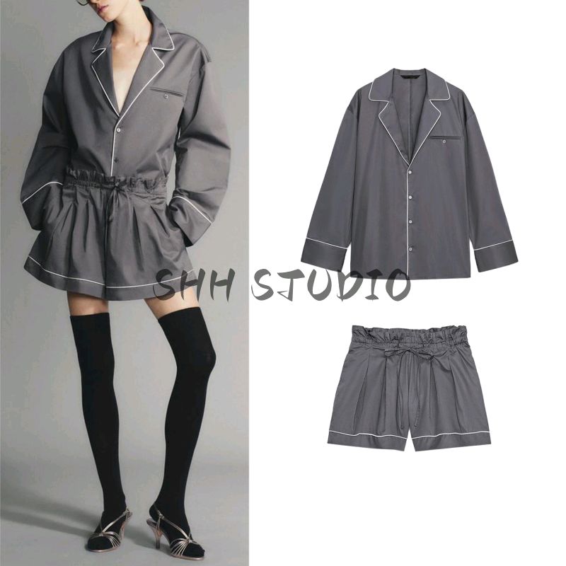 Autumn Suit Trim Poplin Long Sleeves Shirt 5063116 Shoelace Loose Mid Waist Shorts 1255535