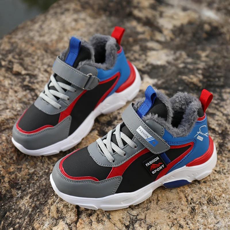 Winter Kids Sneakers Warm Fur Shoes Running Children's Boy Non-Slip Plus Furry Waterproof Leather Girl Casual Trekking Shoes
