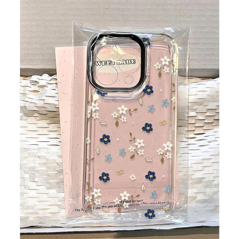 Blue & White Floral Phone Case for Apple 13, 14Pro Max, 15, 12, 17Pro - Full Screen, Transparent, Cute, Drop-Proof.