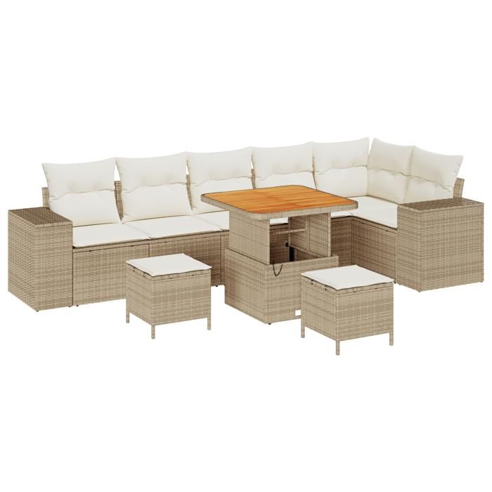 Ensemble de Canapés de Jardin vidaXL de 9 pièces avec Coussins Beige Poly Rattan Acacia, Ensemble de Salle à Manger de 3362021