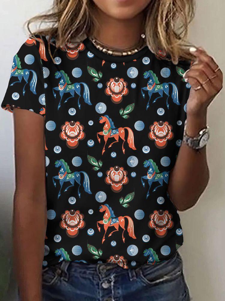 Summer Ethnic Floral 3D Print T-Shirts Women's Streetwear Round Neck Short Sleeve T Shirt Tees Harajuku Y2K Tops Female Clothing