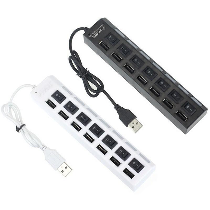7 Ports LED USB 2.0 Adapter Hub Power On/off Switch for PC Laptop BK