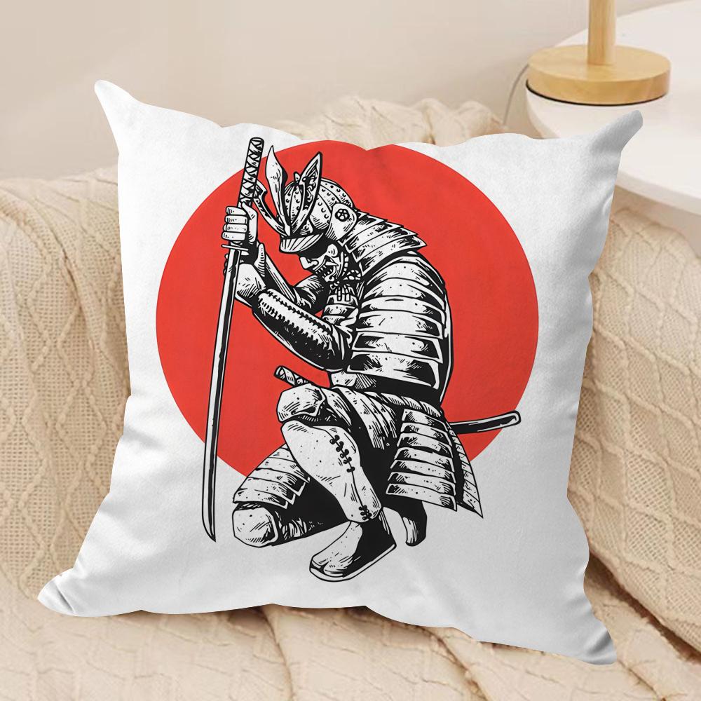Japanese Style Ink Samurai Cushion Cover Silky Short Plush Invisible Zipper Dustproof Sofa Pillow Case for Home Decor