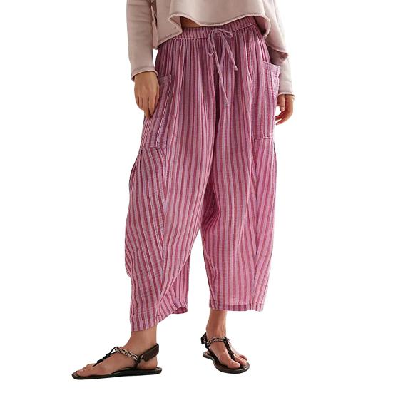 

Women Pants Elastic Waist Striped Design Wide Leg Casual Trousers with Pockets Work Travel School All Day Wear 2XL розовый