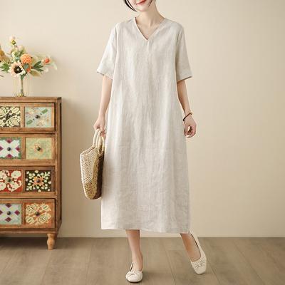 2025 Summer New Versatile V-neck Short-sleeved Cotton and Linen Dress for Women's Loose and Thin Solid Color Large-size Robe