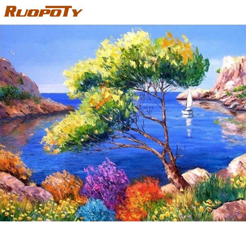 

Ruopoty Безрамное дерево Пейзаж Картина DIY Картина по номерам Наборы Современное настенное искусство Пейзаж Ручная роспись маслом для гостиной Искусство 40x50CM NO Frame