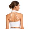 Womens Latin Dance Top Halter Sleeveless Strappy Backless Design Shiny Rhinestones Cross Front Ruched Mesh Crop Top