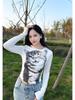 Harajuku Mosaic Cat Print Oříznutý Top Ležérní Základní Trička s dlouhým rukávem Crew Neck Přiléhavá trička Y2K