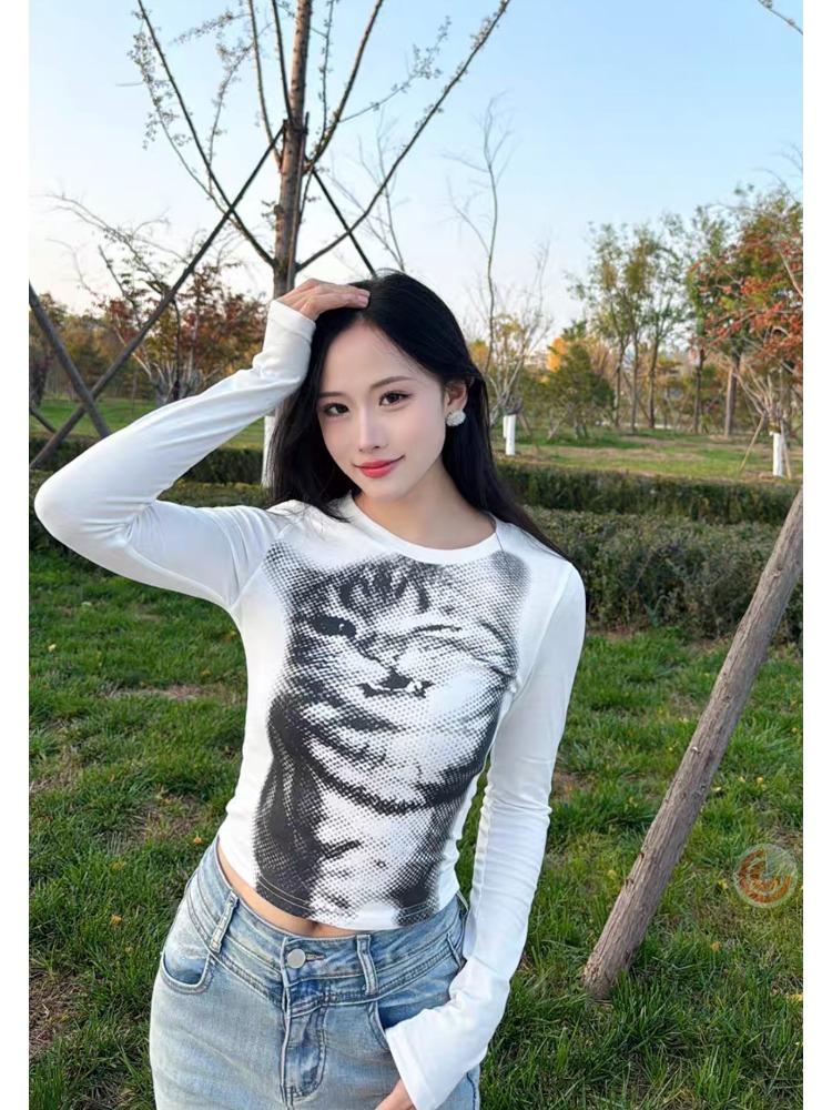 Harajuku Mosaic Cat Print Oříznutý Top Ležérní Základní Trička s dlouhým rukávem Crew Neck Přiléhavá trička Y2K