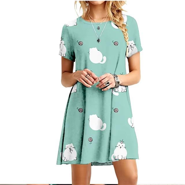 Elegant Women Short Sleeve Fashion 3d Print Midi Dress Plus Size Beach Clothing S