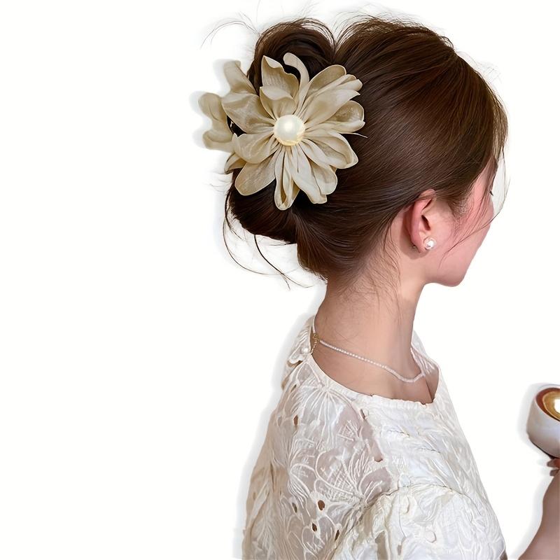1pc AYLHFO Fabric Flower Hair Claw Clip, sweet solid color design. Medium size, elegant for daily and party hairstyles like updos, ponytails and buns.