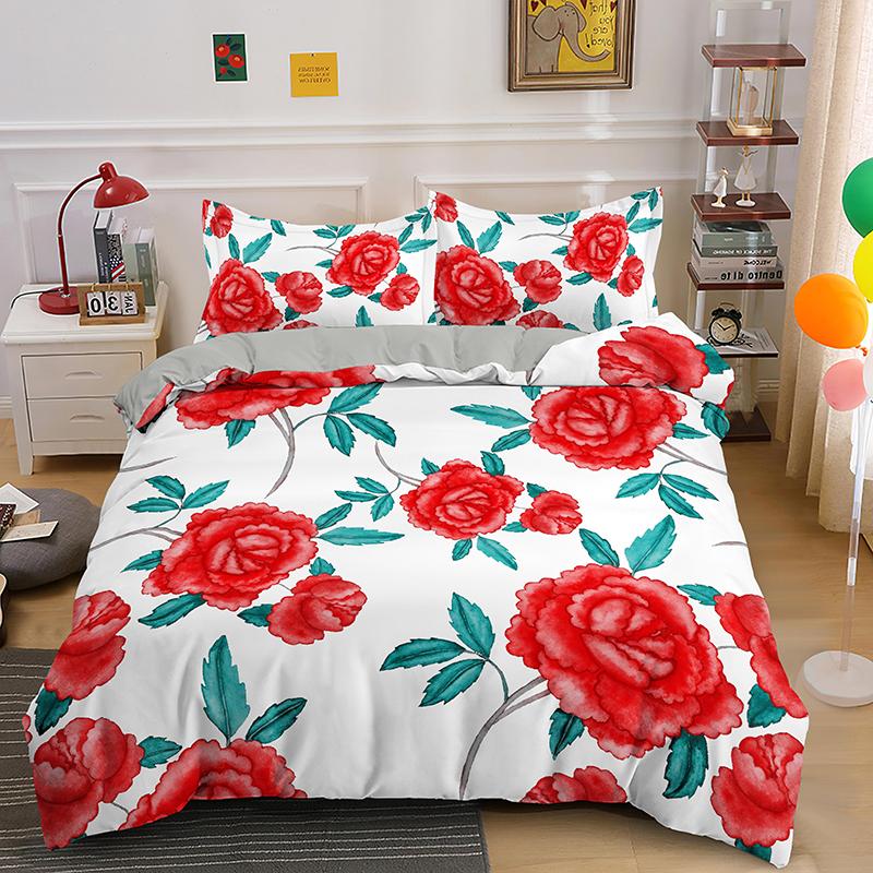 Red Rose Duvet Cover Set 3D Print Romantic Theme Valentine's Day Gift Polyester Comforter Cover with Pillowcase King Queen Size