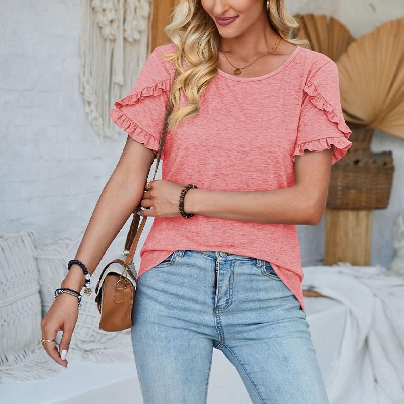 Damen Rundhals-Oberteil Lässiges Patchwork Einfarbiges Lockeres T-Shirt