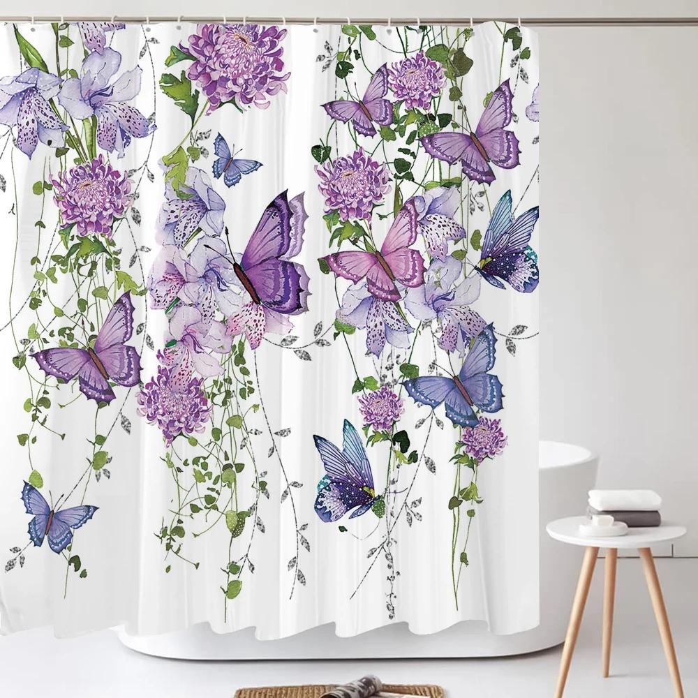 

Watercolor Purple Butterfly Floral Shower Curtain 180cm*180cm with Hooks, Waterproof Shower Curtain, Bath Curtains for Bathroom 90x180cm-35x70in