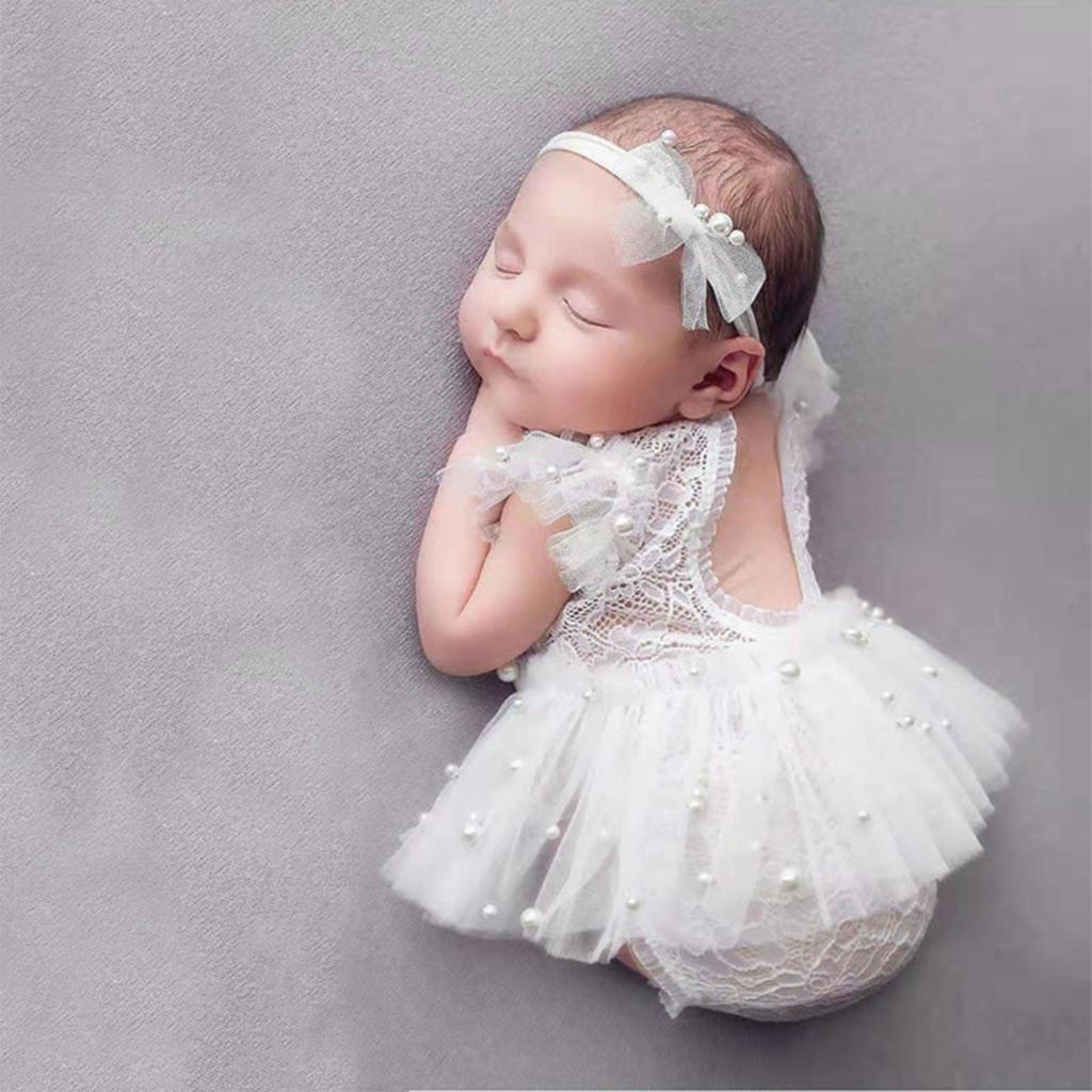 Lace Dress Photography Props Baby Shooting Outfits with Headband Skirt Bodysuits Skin-Friendly Clothes for Newborns 3Pcs