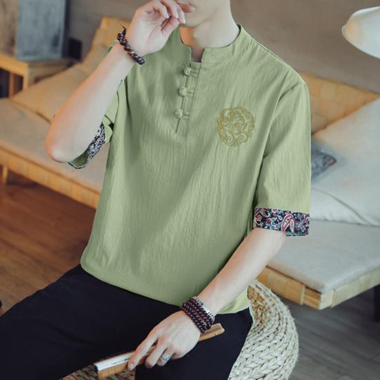 Pánské tričko s stojáčkem, čínský vintage styl, jednobarevný tištěný vyšívaný volný poloviční rukáv, měkké, plus velikost