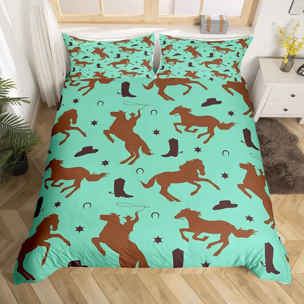 Western Cowboy Duvet Cover SetVintage Riding Bull Wooden Old Sign Wilderness At Sunset Image Retro Style Bedding Set King Size EU Single(135*200cm)3pcs