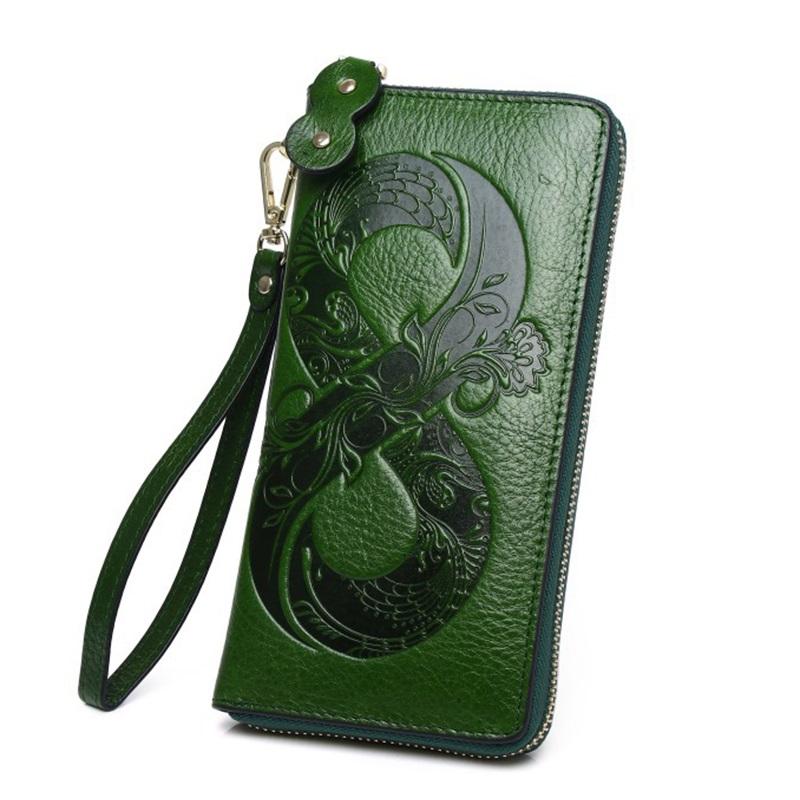 Vintage Genuine Leather Woman Wallet Floral Real Cow Leather Purse Ladies First Layer Cowhide Clutch Bag