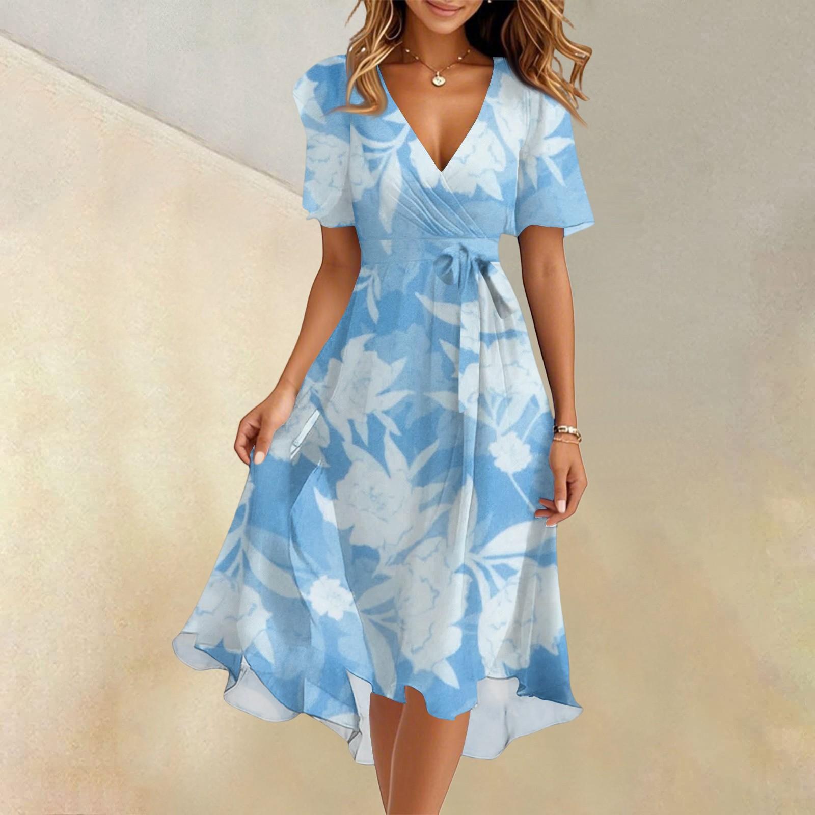 Women s Summer Fashion V-Neck Flared Dress Short Sleeve Floral Dresses XXL