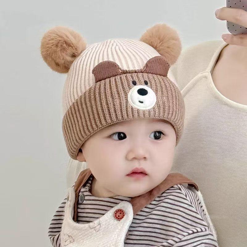 Cute Bear Knitted Baby Hat Warm Ear Protection Soft Pom Poms For Autumn Winter Daily Wear