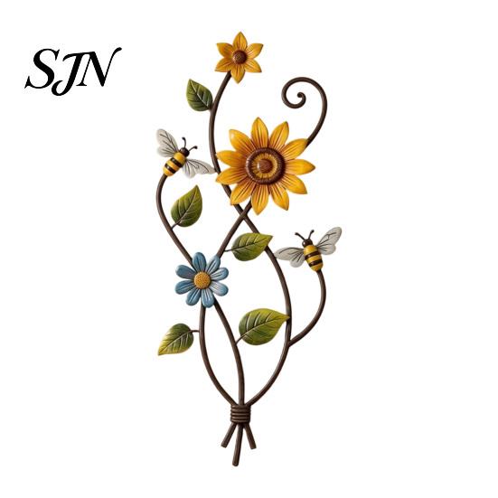Home Garden Wall Ornaments Sunflower Bee Art Decor, 2D Flat Floral Hanging, Country Acrylic Decor Flower Ornament for Fence Porch Entryway Gift