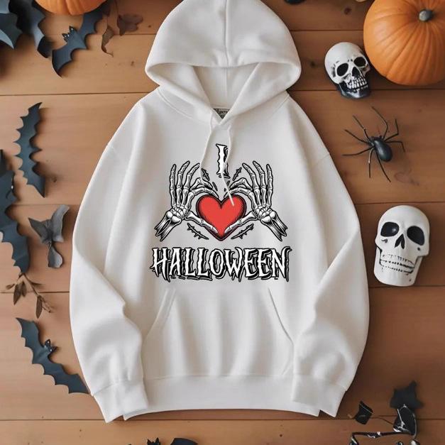 2025 European Fashion Skull & Heart Print Women's Halloween Hoodie with Pocket