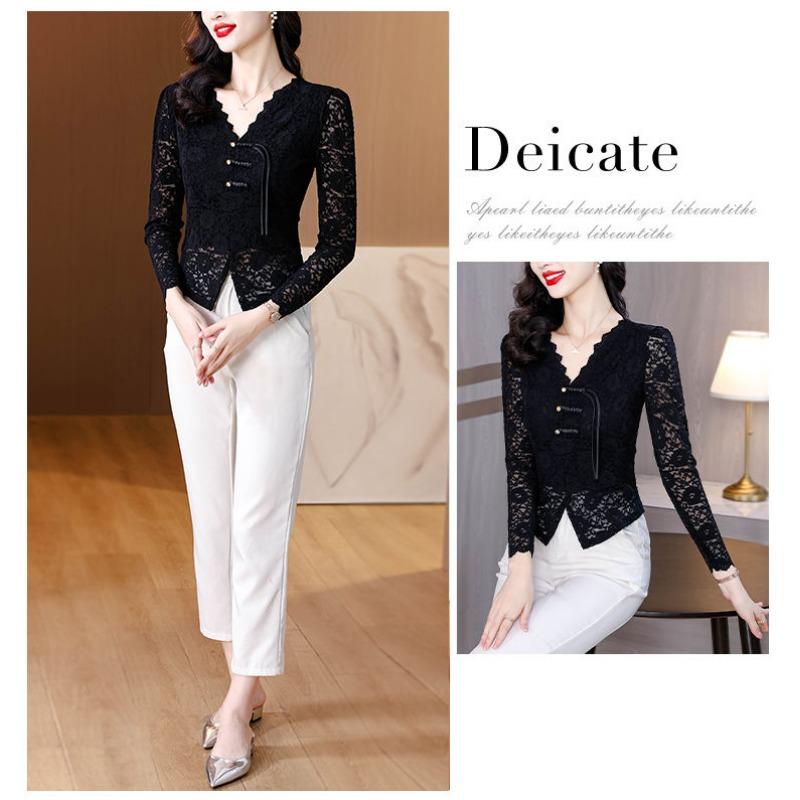 Cămașă nouă stil chinezesc cu cataramă, șic, cu șliț și dantelă pentru femei, toamnă nouă, cămașă cu temperament, top la modă cu mâneci lungi