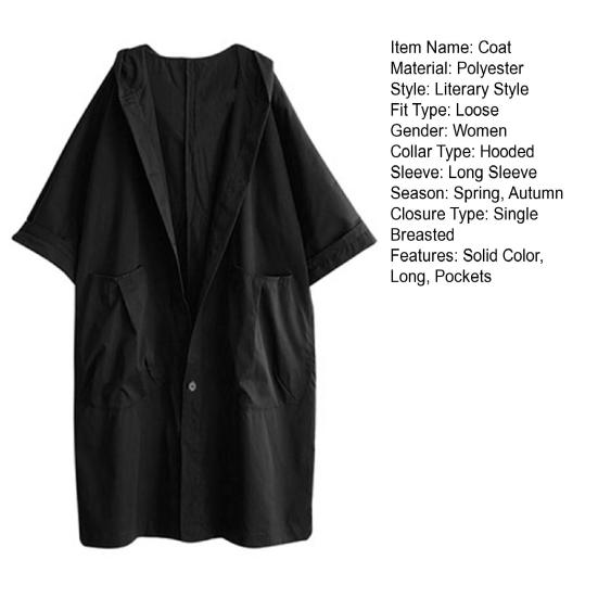 Spring Autumn Women Trench Coat Solid Color Loose Hooded Streetwear Literary Style Single Breasted Windbreaker Overcoat for Working