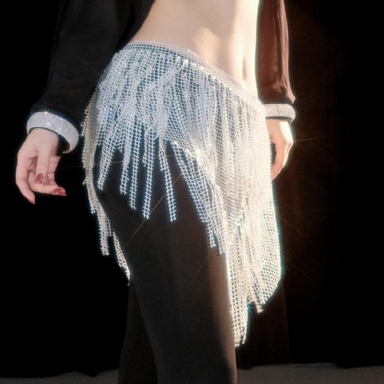 Belly Dance Hip Scarf Long Tassels Belly Dance Waist Chain with Rhinestones Decoration Belly Dance Belt Wrap Skirt