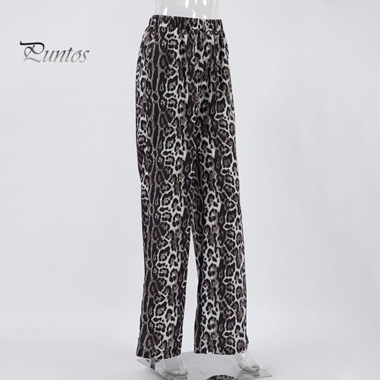 Women Long Pants Elastic High Waist Wide Leg Trousers with Pockets Leopard Print High Street Style Casual Pants
