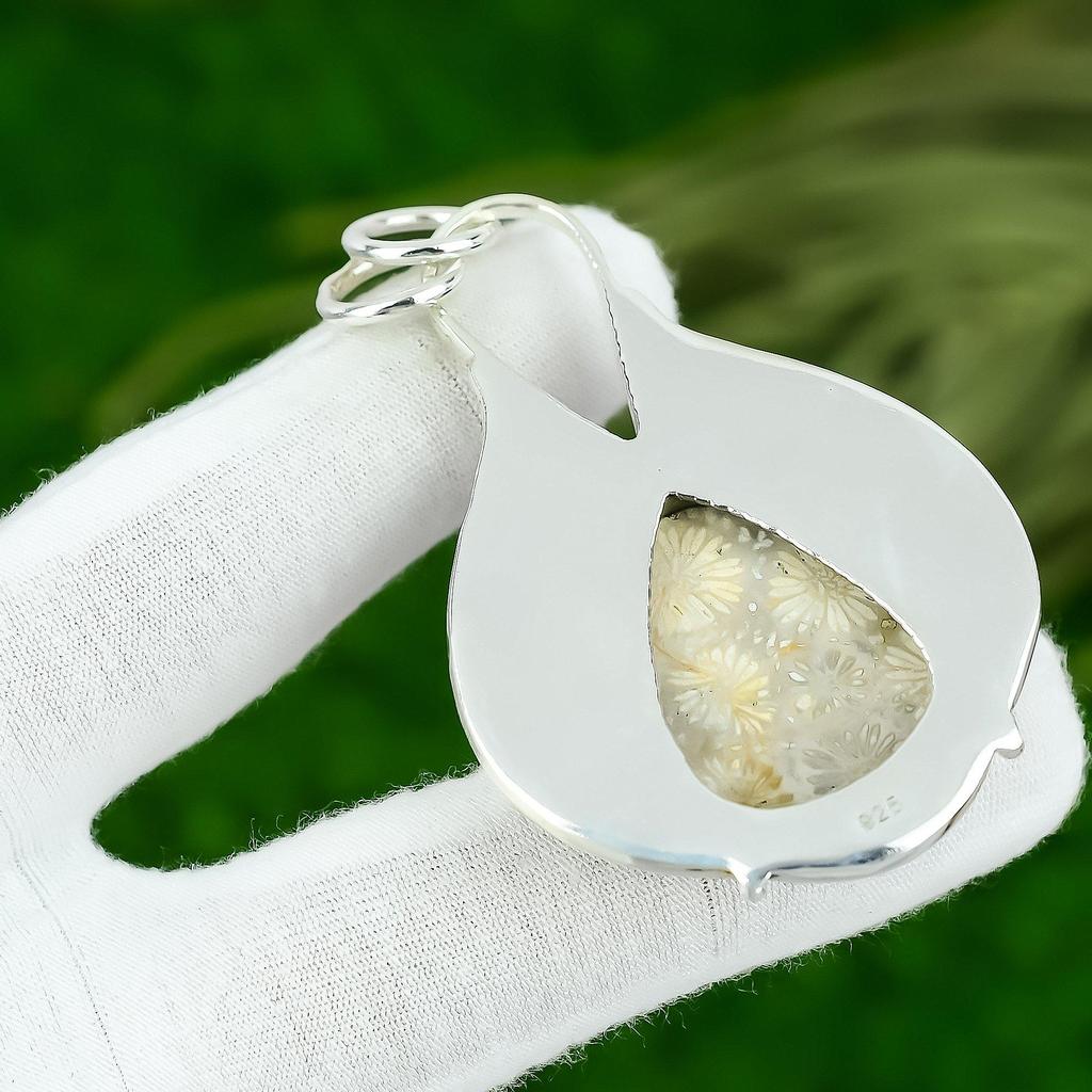 Fossil Coral Gemstone Birthday Engagement Elegant Boho Pendant Sterling Silver