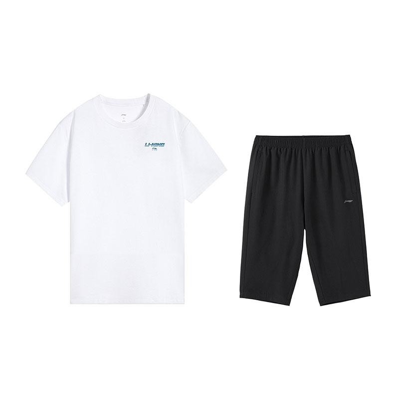 Li-Ning Summer Casual Short Sleeve T-Shirt And Comfortable Three-Quarter Pants Sports Set Men Sets Standard-White Black W873-2+W025-1
