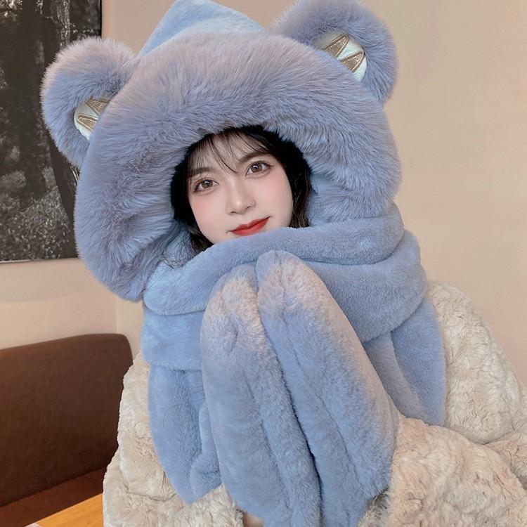 Cute Little Bear Thickened Warm Scarf Hooded Scarf Winter Gloves Three piece Hat for Women