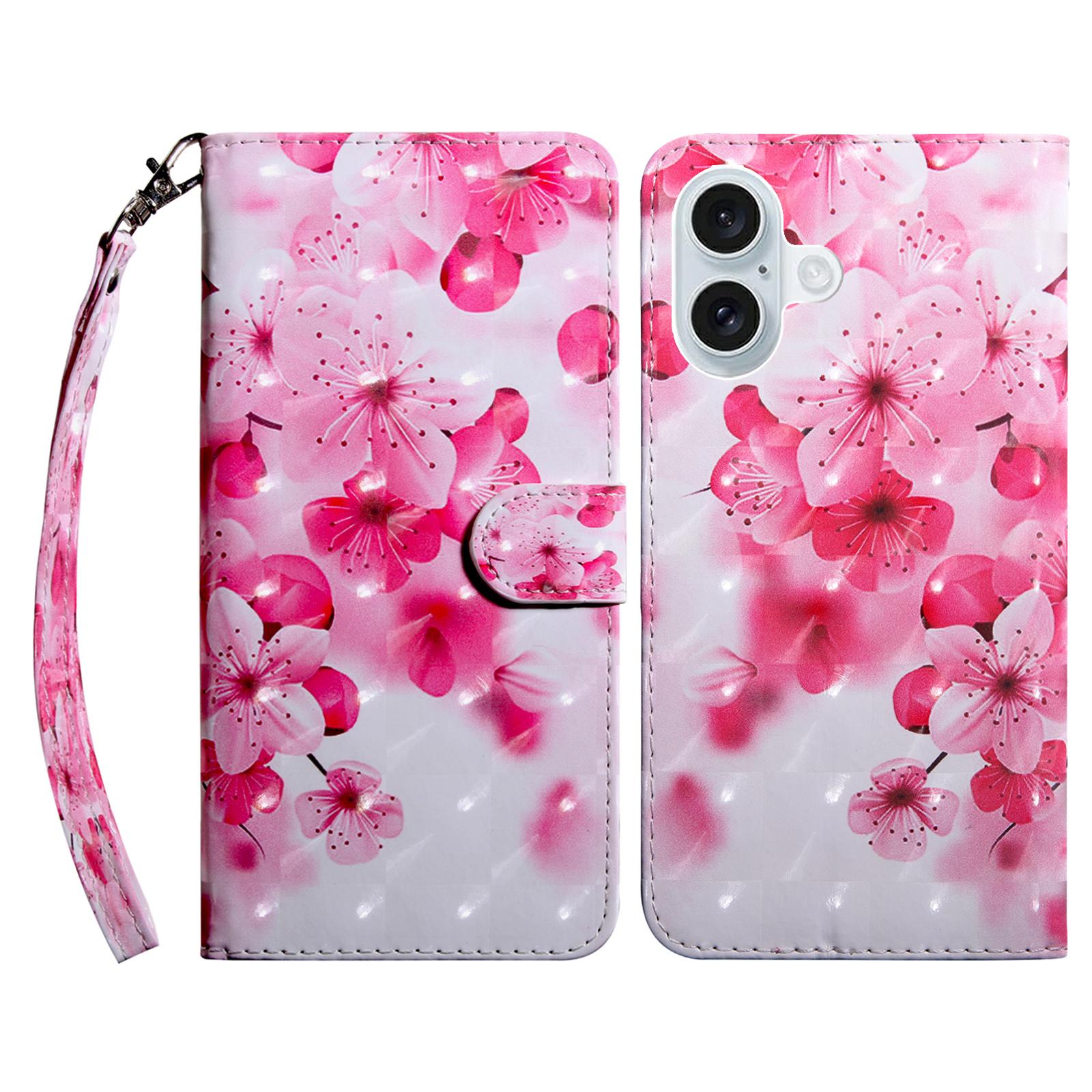 

For iPhone 16 Plus Case Stand Pattern Printing Leather Phone Cover Red Flower