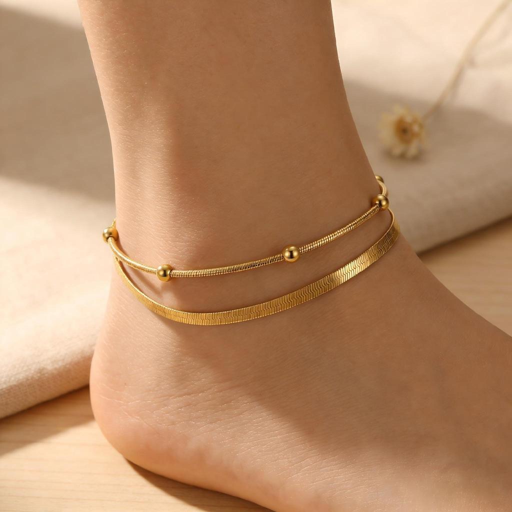 Minimalist 316L Stainless Steel Gold Anklet Double Layer Waterproof Foot Chain For Women Beach Party Jewelry