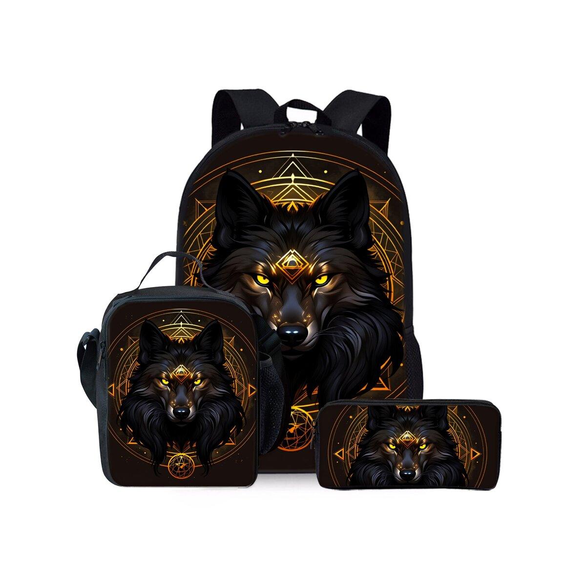 Ensemble trois pièces motif Loup et Course Sacs à dos pour Garçon et Filles Meilleurs Cadeaux Sac à dos scolaire plat dessin animé 2D pour Enfants black