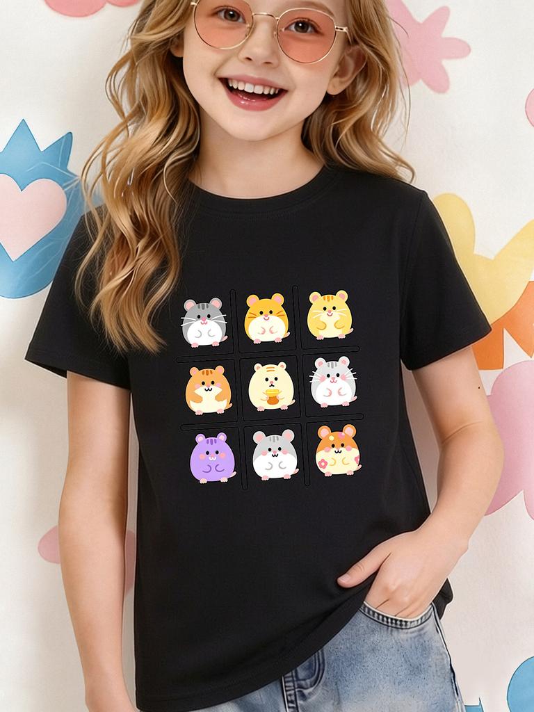 Cute Hamster Grid Cartoon Kids T Shirt Boys Girls Short Sleeve Crew Neck Cotton Parent Matching Casual Tops Toddler Youth