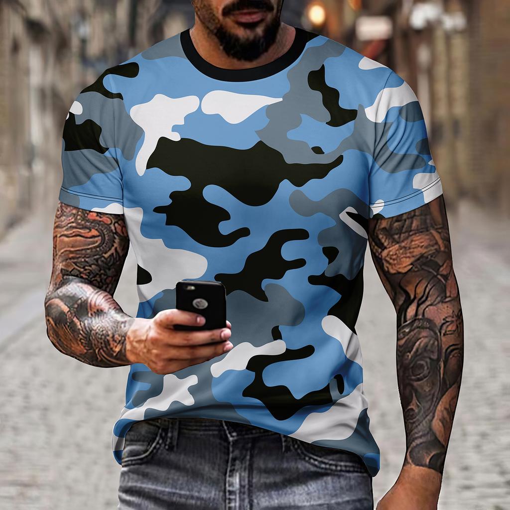 Men's Camouflage Pattern Short Sleeved Top T-shirt, Wilderness Tough Man, Sea, Land, and Air Full Range Combat Clothing